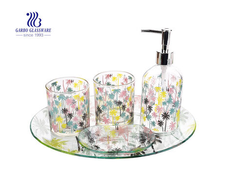 Hotel home use bathroom accessories set tooth cup soap dish hand soap dispenser with customized decal design 