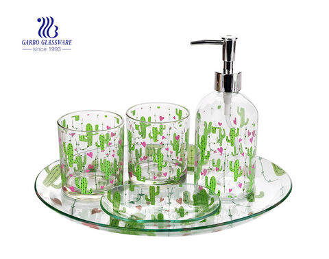 Hotel home use bathroom accessories set tooth cup soap dish hand soap dispenser with customized decal design 