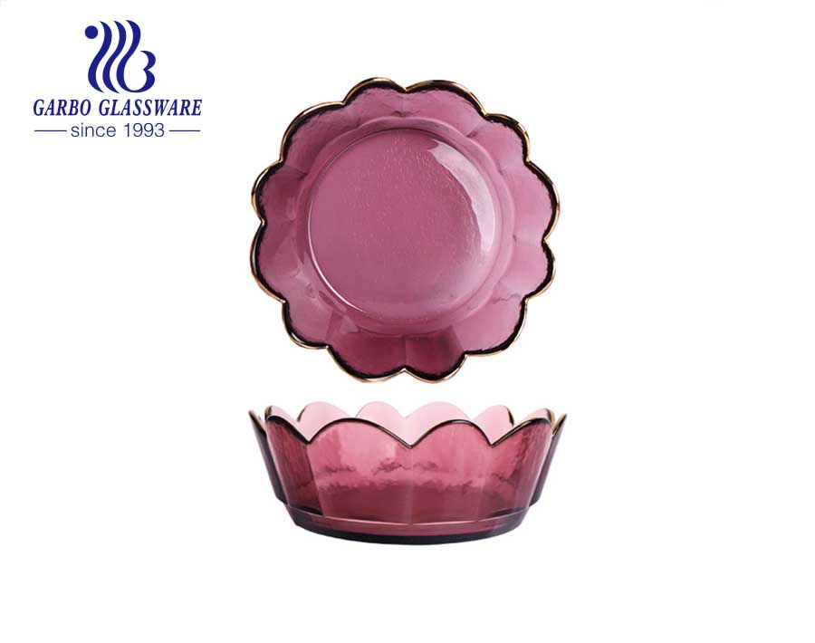 Bloom flower shape glass fruit salad bowl with hammer pattern ingredient golden rim decoration good gift for festival