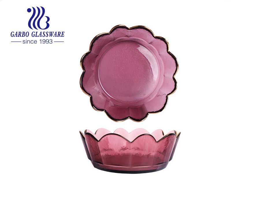 Bol à salade de fruits en verre en forme de fleur avec motif de marteau ingrédient décoration de jante dorée bon cadeau pour le festival