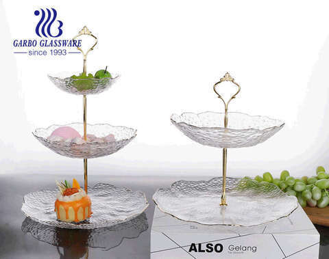 Luxury European-style 3-layer premium hand-made glass fruit cake plate set with simple design