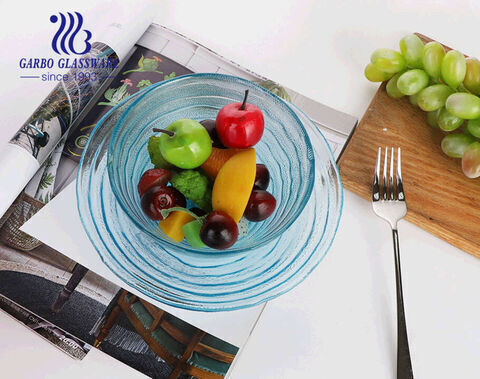 Tigela de salada de frutas de vidro de cor azul sólida feito à mão com design de círculo premium de 5.5 polegadas para festa e mistura de salada