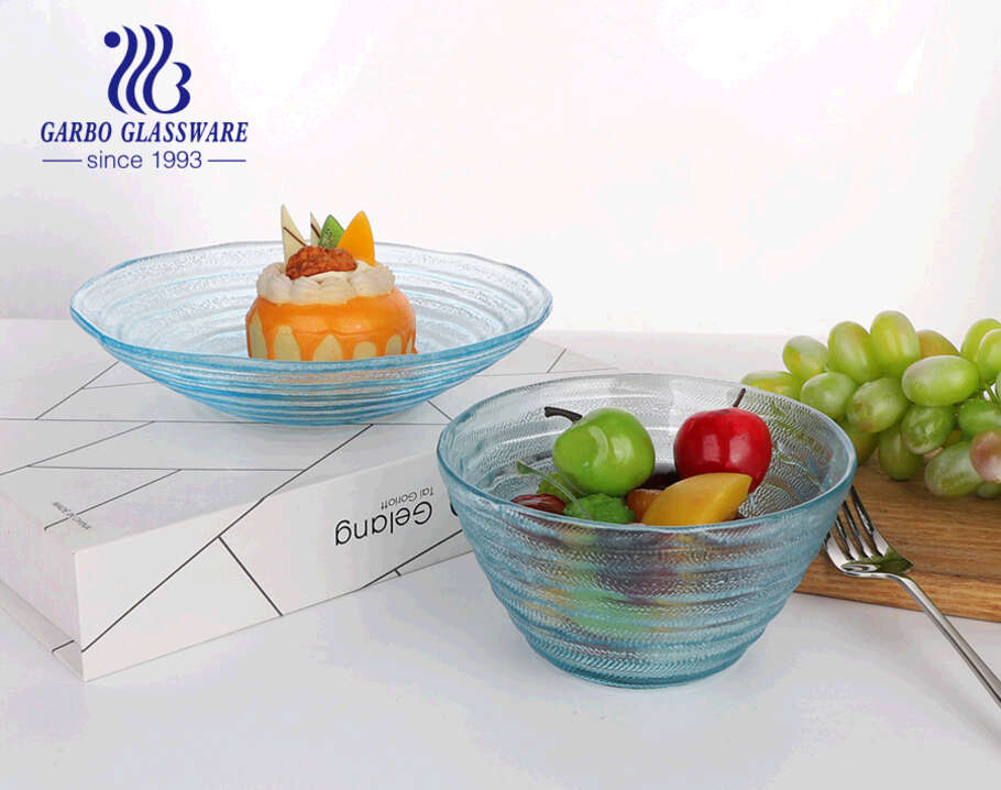 Tigela de salada de frutas de vidro de cor azul sólida feito à mão com design de círculo premium de 5.5 polegadas para festa e mistura de salada