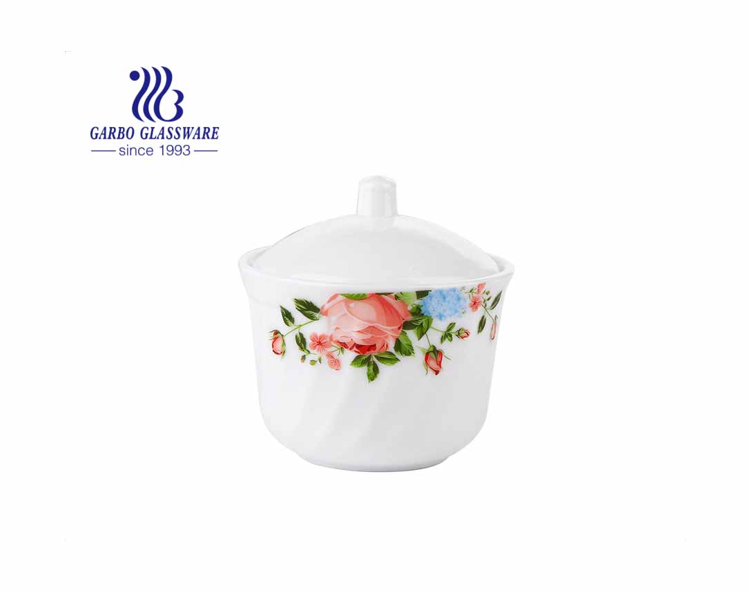 Heat resistant opal glassware sugar pot with printing flower