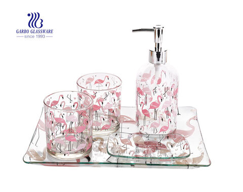 Pink flamingo design pattern sweet bathroom accessories set tooth cup soap dish shampoo dispenser for hotel