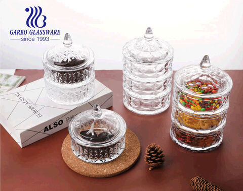 Plato de dulces de cristal apilable con tapa de torre de 5 pulgadas y 3 capas con tapa, juego de 4 cajas de dulces, tazón de azúcar, recipiente de almacenamiento para buffet