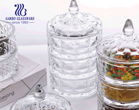 Plato de dulces de cristal apilable con tapa de torre de 5 pulgadas y 3 capas con tapa, juego de 4 cajas de dulces, tazón de azúcar, recipiente de almacenamiento para buffet