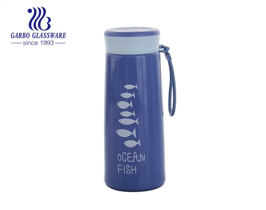 Garrafa esportiva para exterior de 450ml, garrafa de água de vidro com alça e decalque de impressão