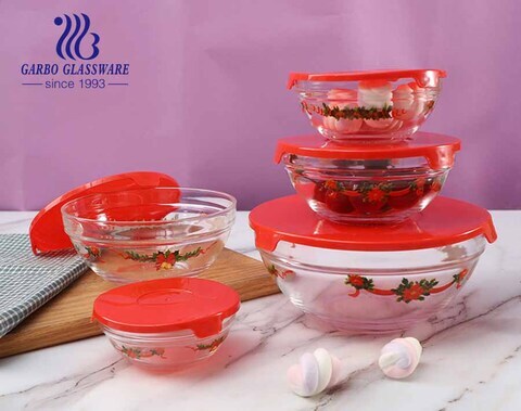 Wholesale supermarket hot sale 5 pcs glass bowls with customized logo and lid for kitchen use