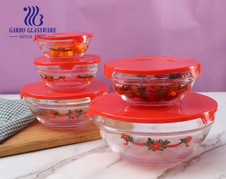 Wholesale supermarket hot sale 5 pcs glass bowls with customized logo and lid for kitchen use