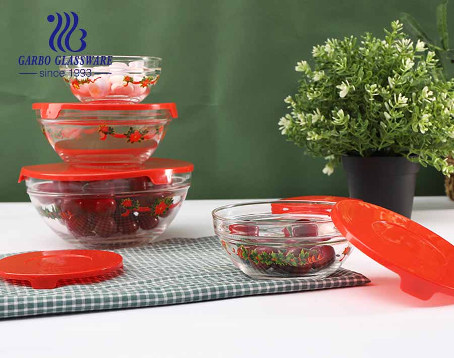 Wholesale supermarket hot sale 5 pcs glass bowls with customized logo and lid for kitchen use
