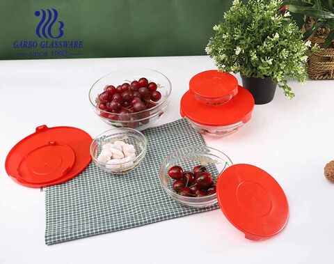Wholesale supermarket hot sale 5 pcs glass bowls with customized logo and lid for kitchen use