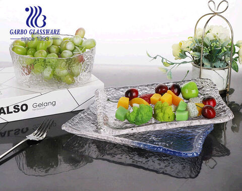 high-end 10 inch handmade light blue color glass fruit flat plate with textured design