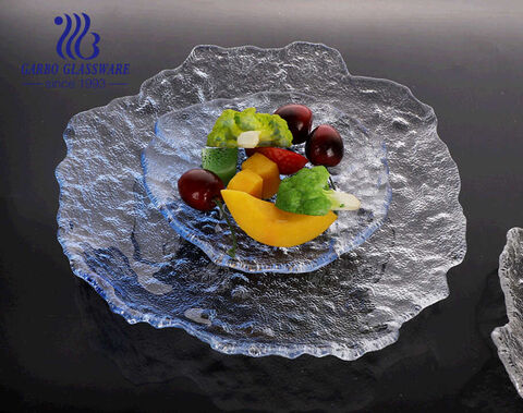 Assiette plate de fruits en verre de couleur bleu clair haut de gamme de 10 pouces avec un design texturé