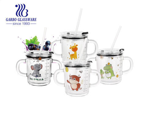 380ml cute decal glass cup with double handles children use milk water juice glass mugs with lid and straw