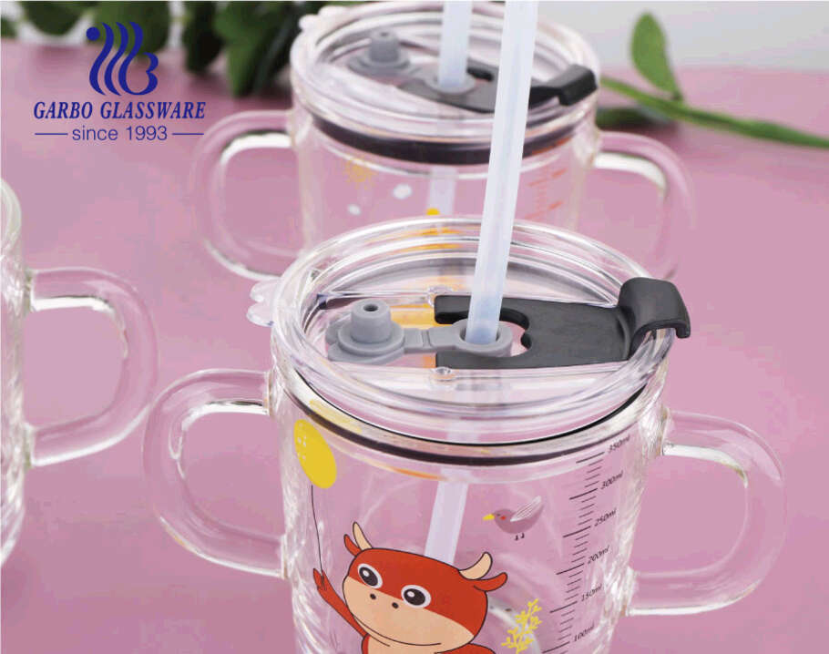 cute decal glass cup with double handles children use milk water