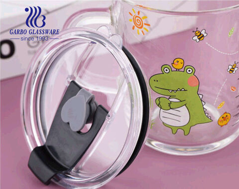 380ml cute decal glass cup with double handles children use milk water juice glass mugs with lid and straw