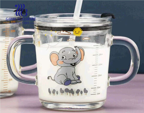 380ml cute decal glass cup with double handles children use milk water juice glass mugs with lid and straw