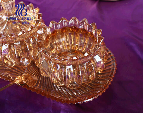 Ion plated set 3 golden glass sweet jars with lid small size for caviar with tray