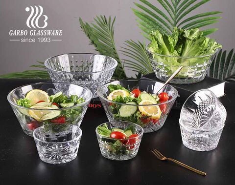7 PCS high-white embossed glass salad fruit bowl set with engraved pattern design for daily dinner use