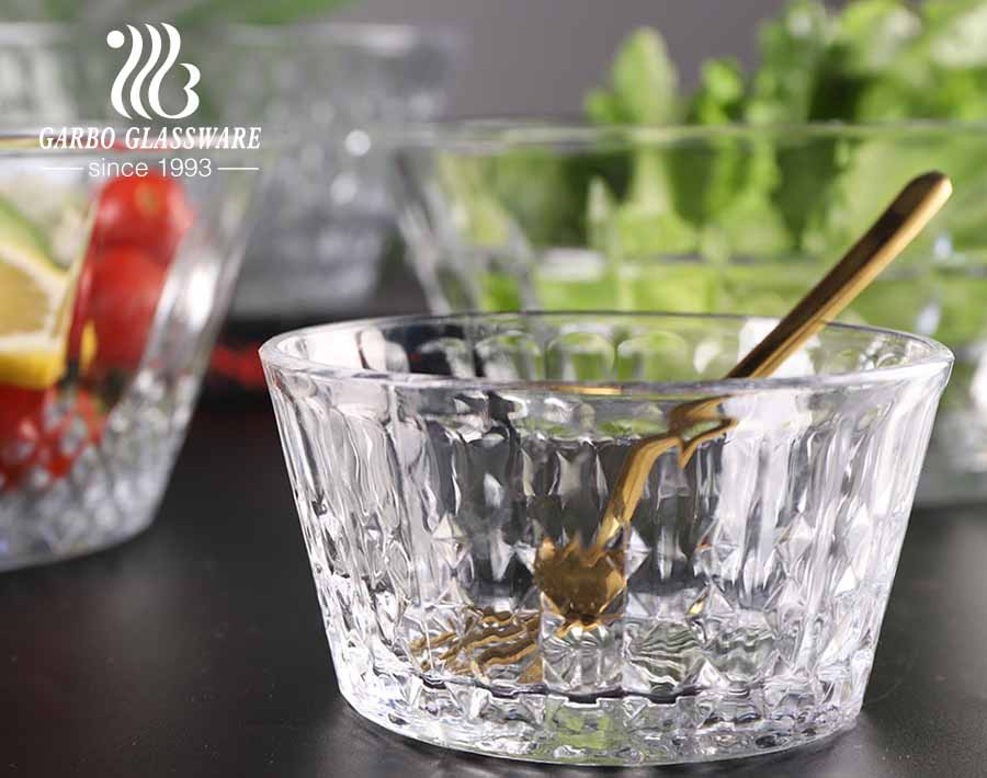 7 PCS high-white embossed glass salad fruit bowl set with engraved pattern design for daily dinner use