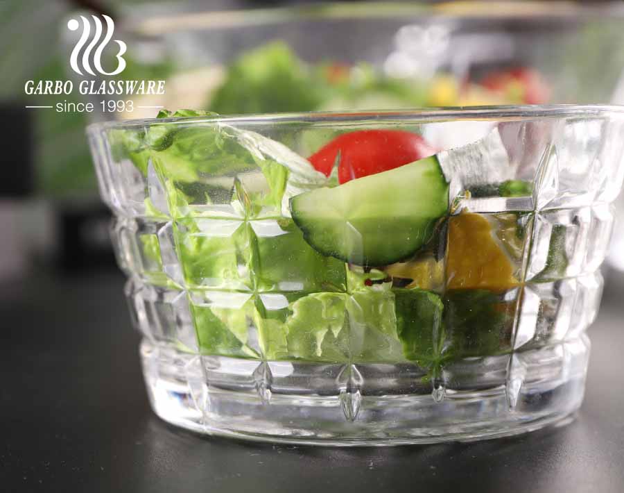 Conjunto de fruteira de salada de vidro com 7 peças em relevo branco alto com desenho de padrão gravado para uso diário no jantar