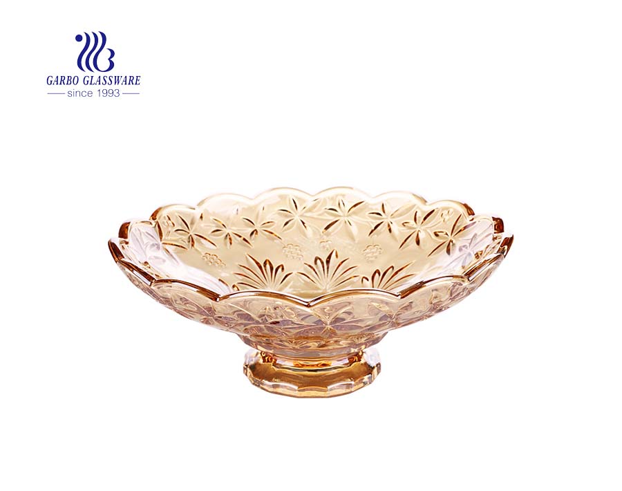 Wholesale 10-inch ion plating amber color glass fruit bowl with maple leaf pattern
