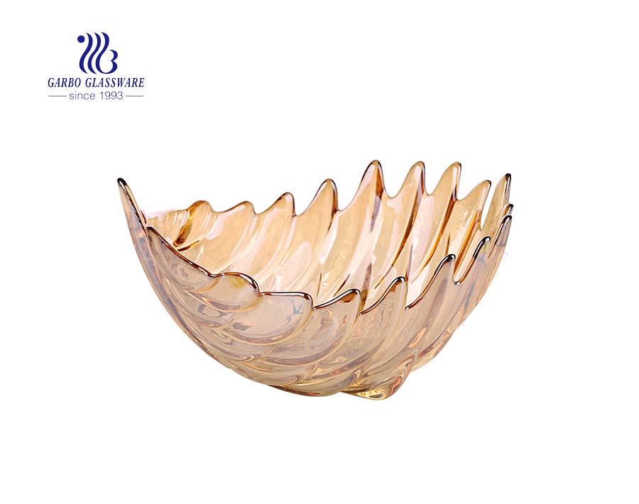 Оптовая 10-дюймовая стеклянная ваза для фруктов янтарного цвета с ионным покрытием с рисунком кленового листа