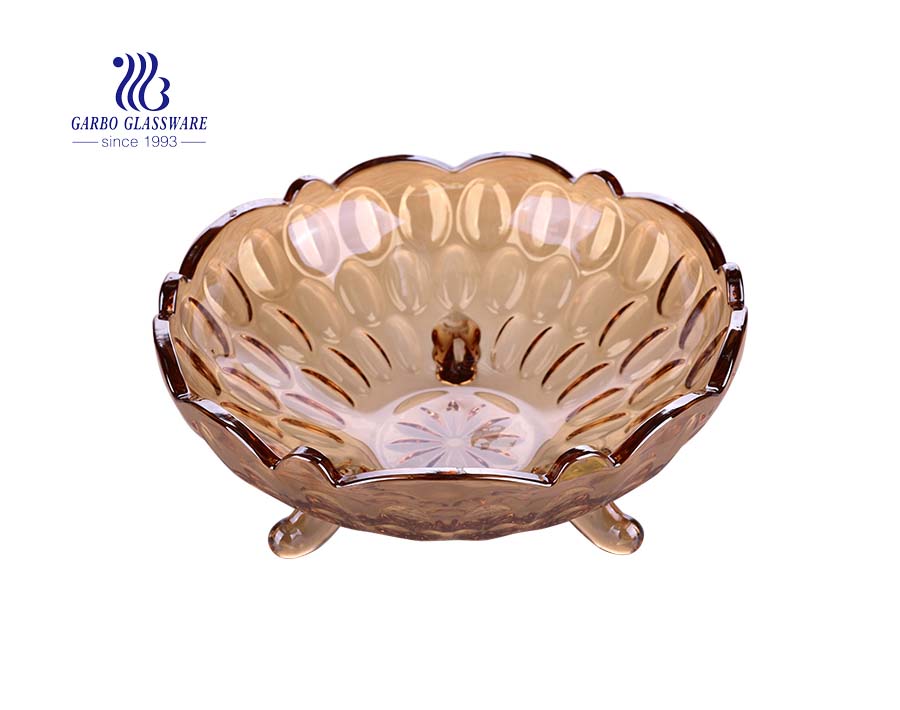 Ion plating large 17-inch amber color special glass fruit plate with lotus leaf design