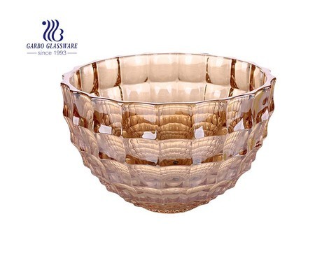 Big size 11-inch amber color food safe glass fruit bowl with diamond design