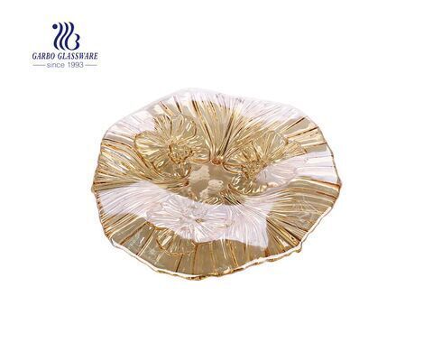 Garbo wholesale 11-inch honey color flat glass fruit plate with leaf flower pattern