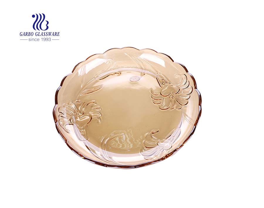 Garbo wholesale 11-inch honey color flat glass fruit plate with leaf flower pattern
