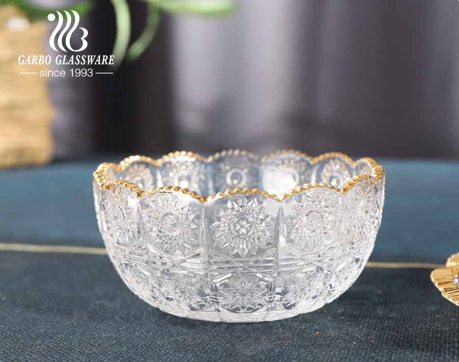 Turkey style engraved sunflower glass peanut dessert bowl set with saucer with decorative golden rim