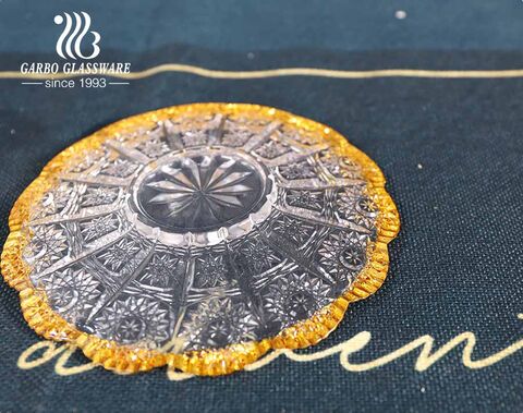 Turkey style engraved sunflower glass peanut dessert bowl set with saucer with decorative golden rim