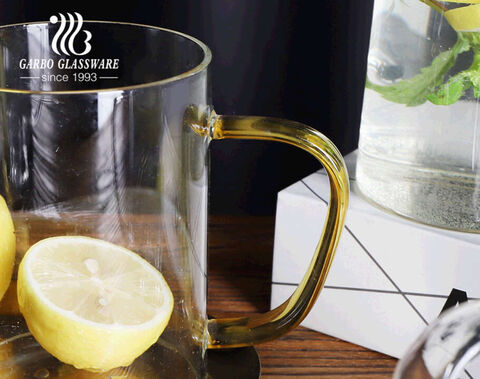 Single wall borosilicate handmade glass cup with colored handle coffee mugs with gold rim 