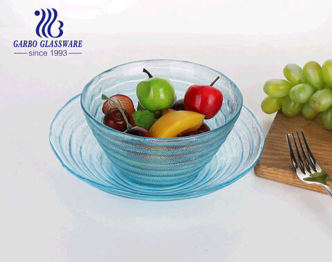 7.7inch Handmade Popcorn Snack Fruit Vegetable Salad Dessert Cereal Pasta Solid Ocean Blue Color Glass Deep Plate