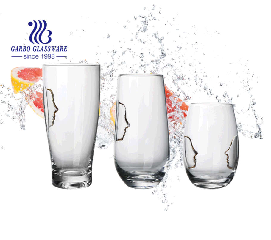 Creative new design handmade blown glass tumbler with human faces embossing