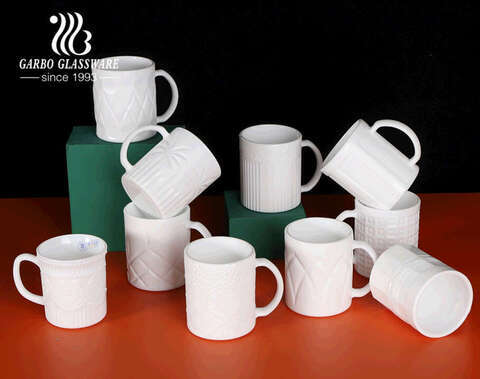 El nuevo diseño de garbo grabó tazas de té de vidrio opal 330ml tazas de café de ópalo transparente blanco