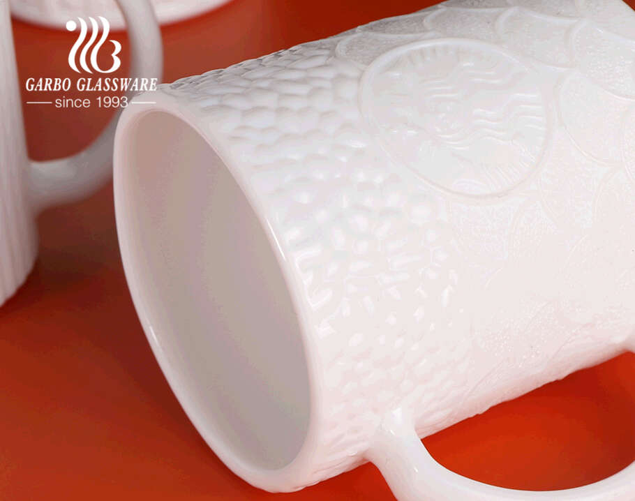 Garbo new design engraved opal glass tea mugs 330ml white clear opal coffee cups 