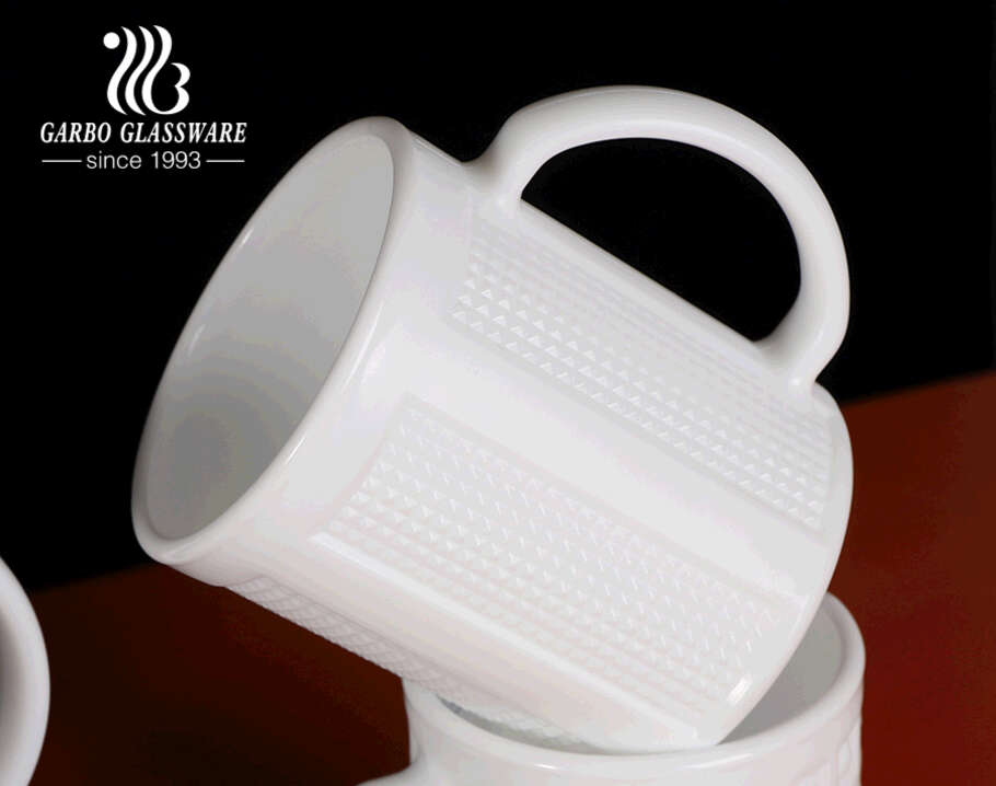 Garbo novo design gravado em vidro opala canecas para chá de 330ml xícaras de café opala branca transparente