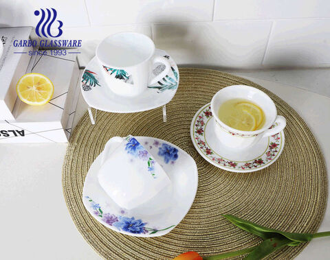 Customized decal designs glass cup with saucer elegant white opal glass teacups with handles