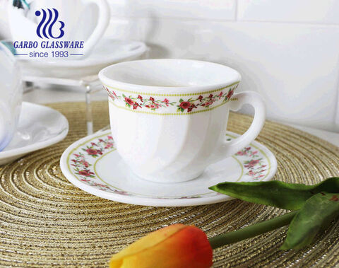 Customized decal designs glass cup with saucer elegant white opal glass teacups with handles