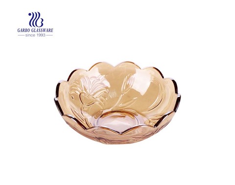 8-inch thick ion plating amber color glass fruit salad mixing bowls with lotus embossed pattern