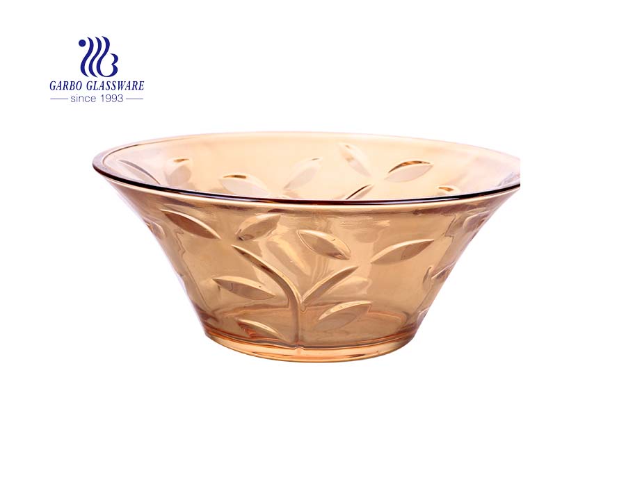 8-inch thick ion plating amber color glass fruit salad mixing bowls with lotus embossed pattern