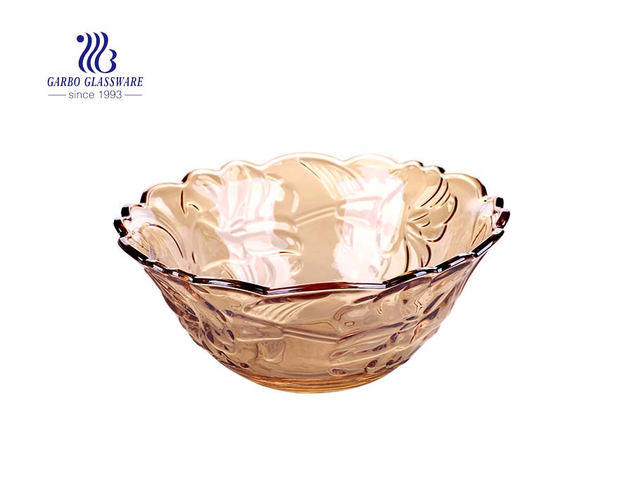 8-inch thick ion plating amber color glass fruit salad mixing bowls with lotus embossed pattern