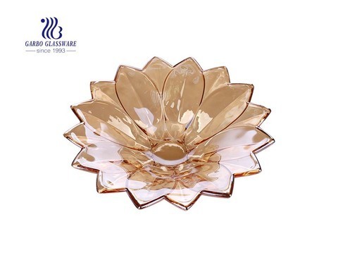 Middle-size 8-inch lotus pattern shape classy glass fruit plate with amber golden color