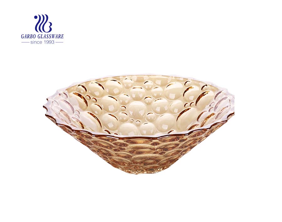 Middle-size 8-inch lotus pattern shape classy glass fruit plate with amber golden color