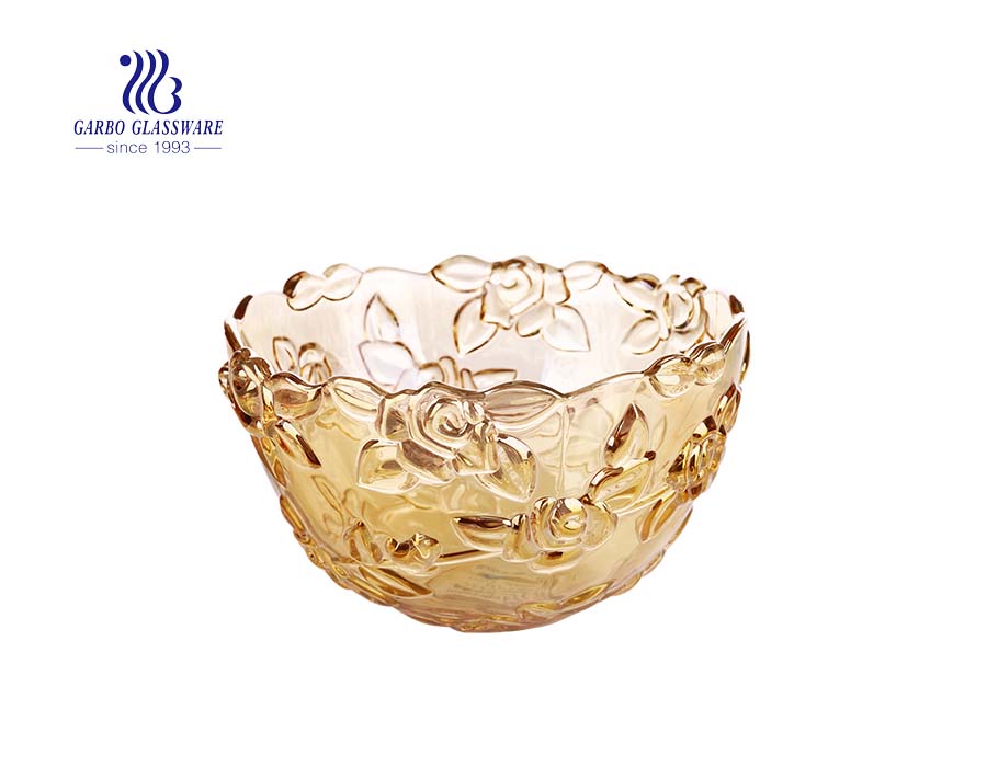 Mittelgroße 8-Zoll-Lotusmusterform edler Glasfruchtteller mit bernsteinfarbener goldener Farbe