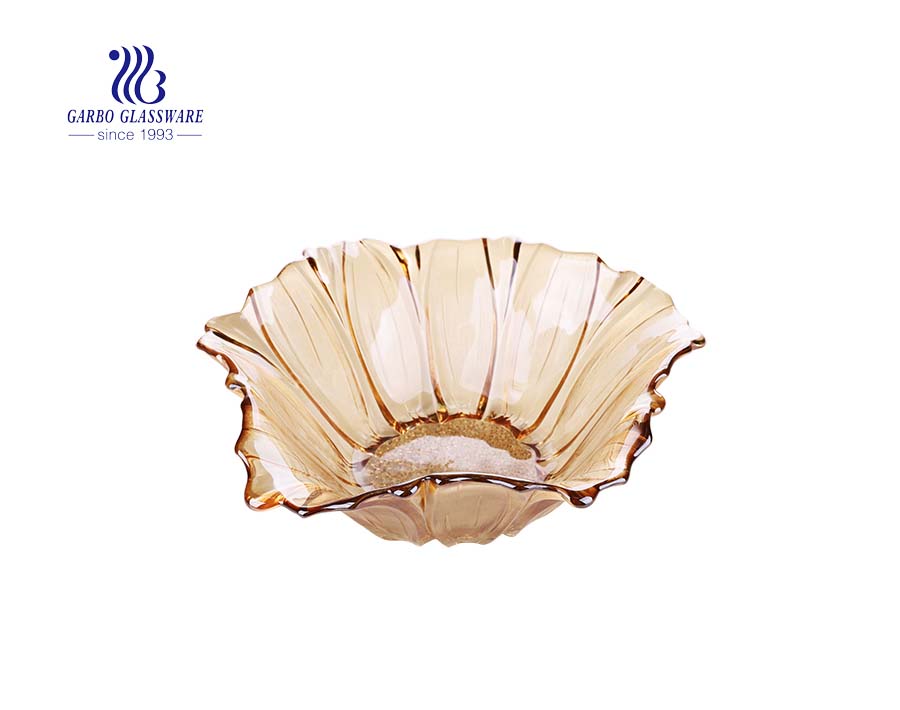 Middle-size 8-inch lotus pattern shape classy glass fruit plate with amber golden color