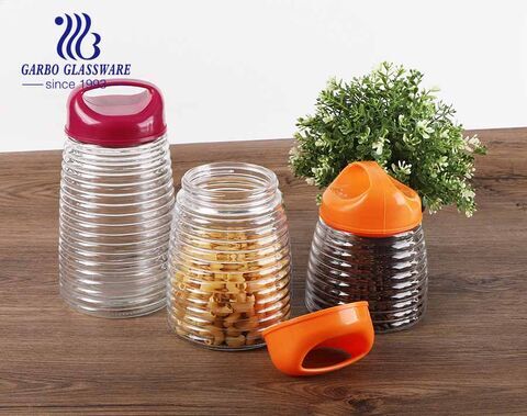 900ml 1300ml 1700ml Set di 3 contenitori per alimenti in vetro economici all'ingrosso con coperchio in plastica Srew